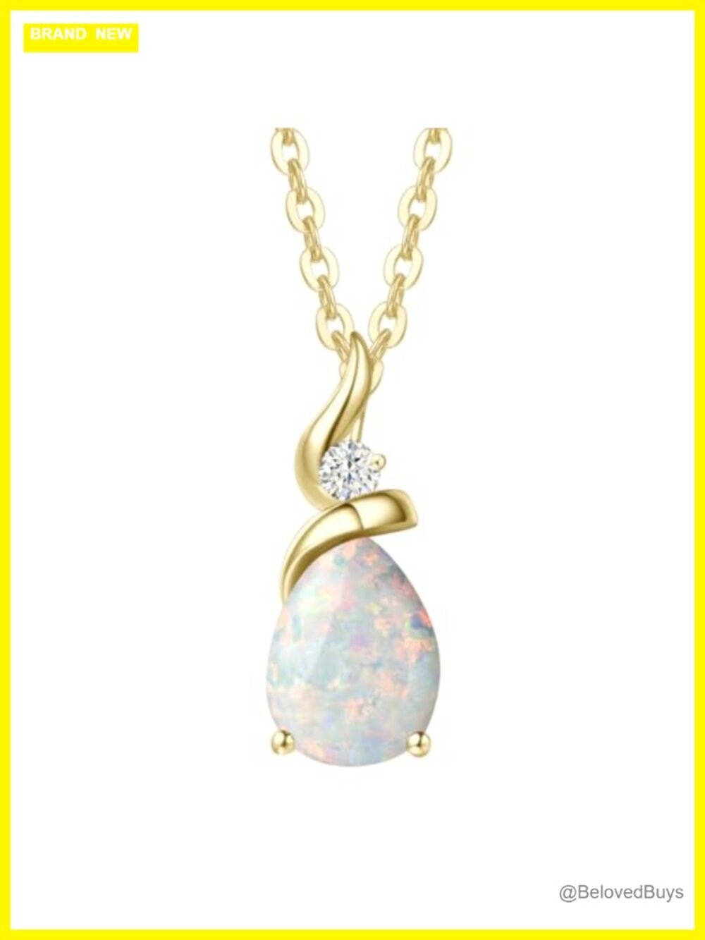 14k Yellow Gold Teardrop Opal Pendant Necklace Lab Diamond Dainty